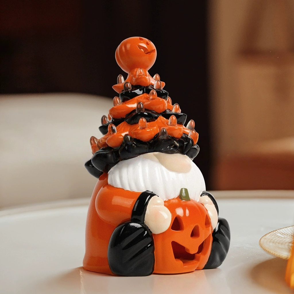 Lighted Halloween Resin Tree, Pumpkin Gnome Tabletop Decor