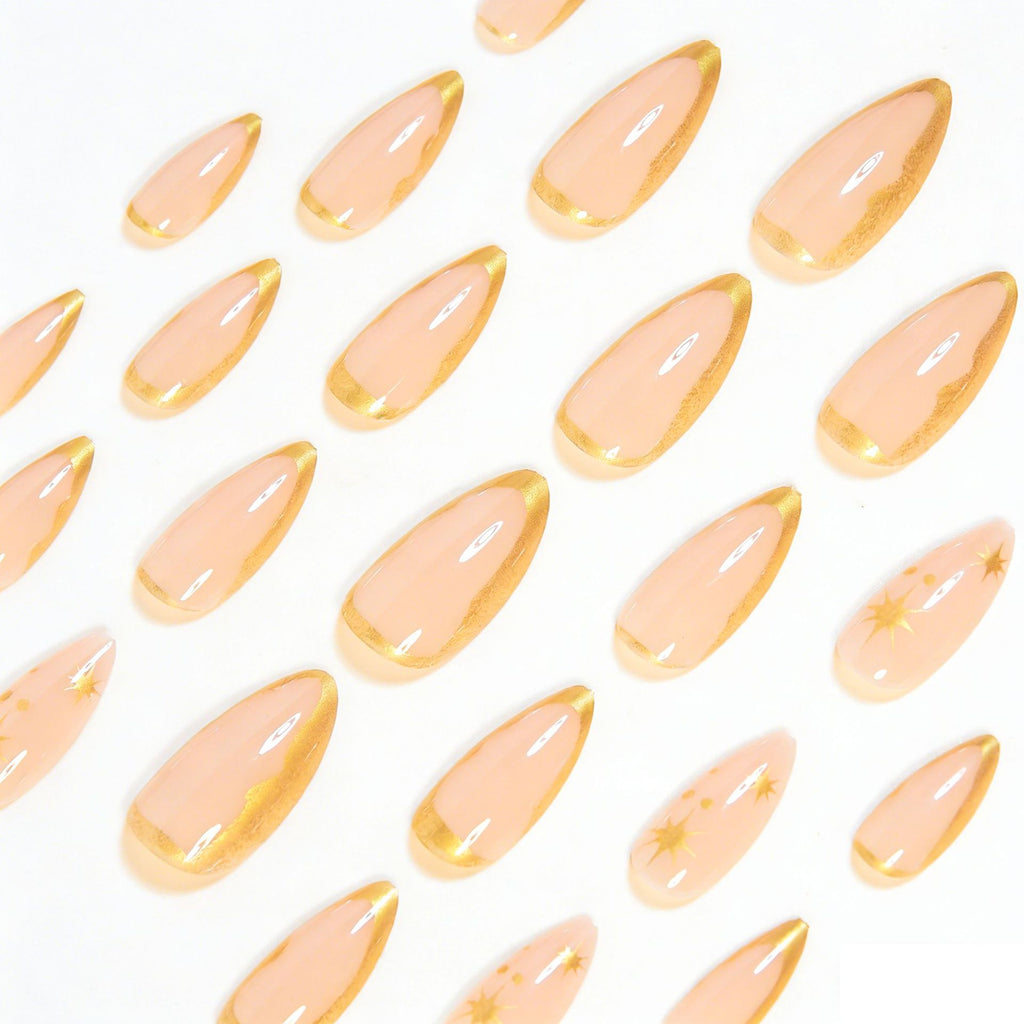 24-Piece French Gold Starburst Short Almond Press-On Nails