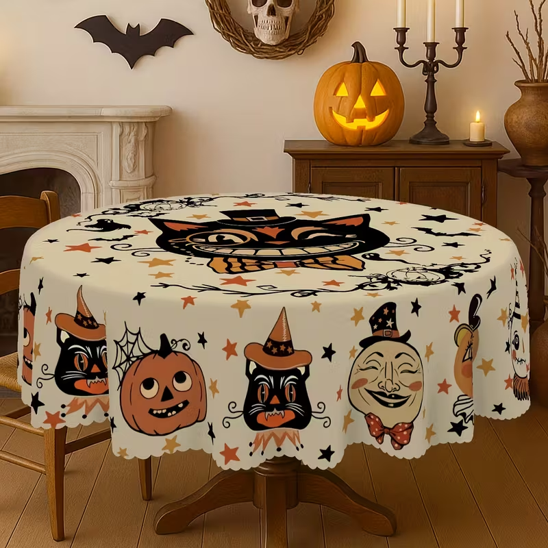 Halloween Tablecloth, Round Polyester Table Cover for Party Decor