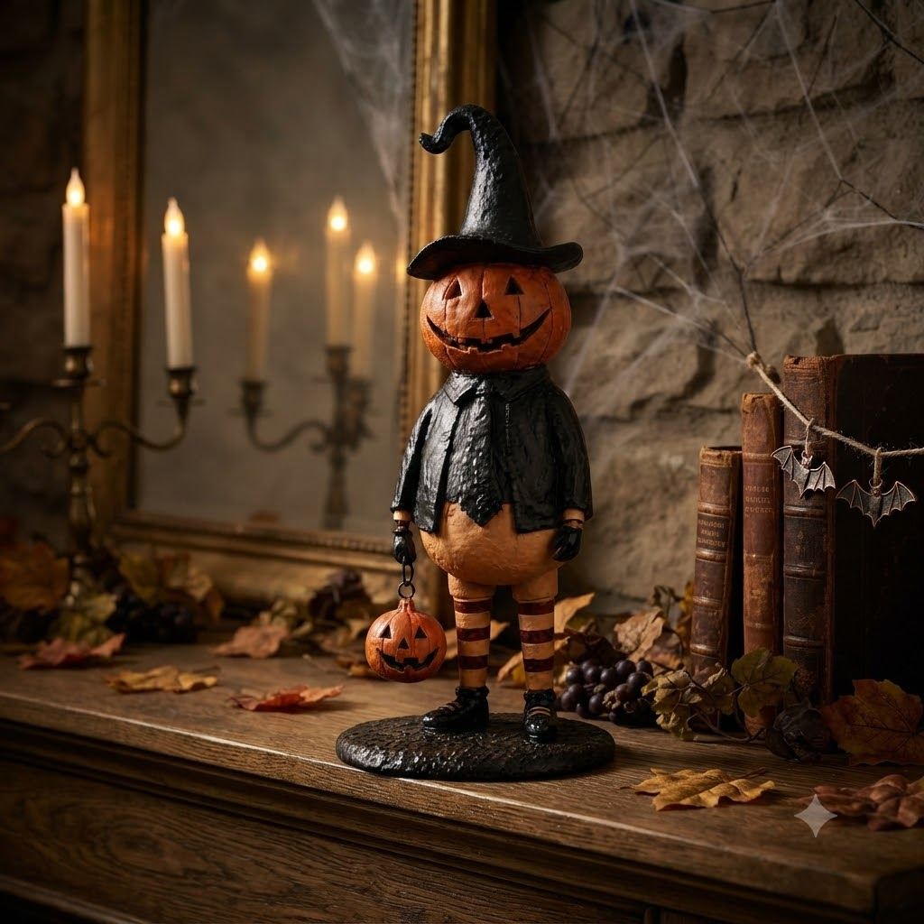 Halloween Figurine, Pumpkin Witch Lantern Statue for Tabletop Decor