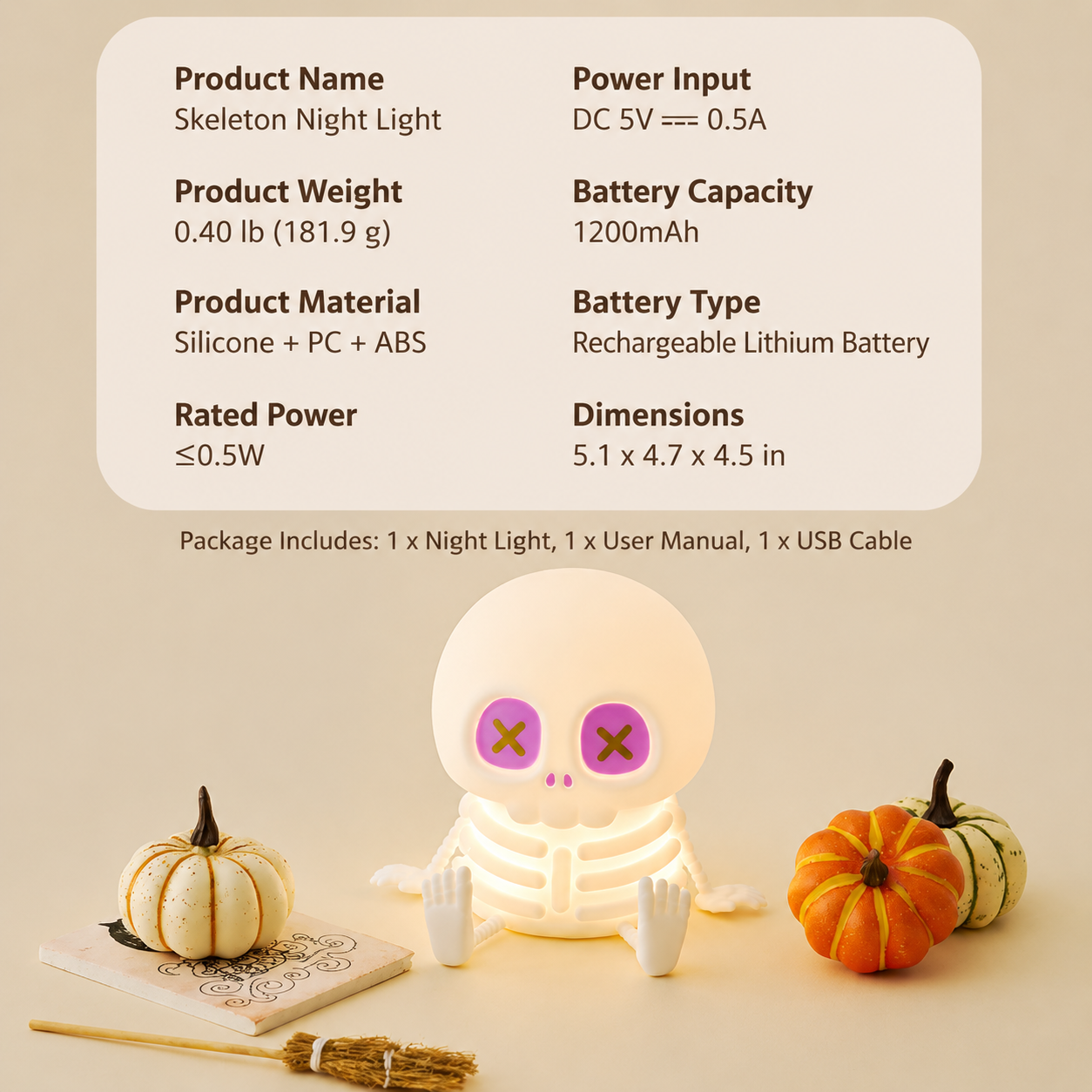Halloween Decorative Light, Skeleton LED Night Lamp with Tap Control
