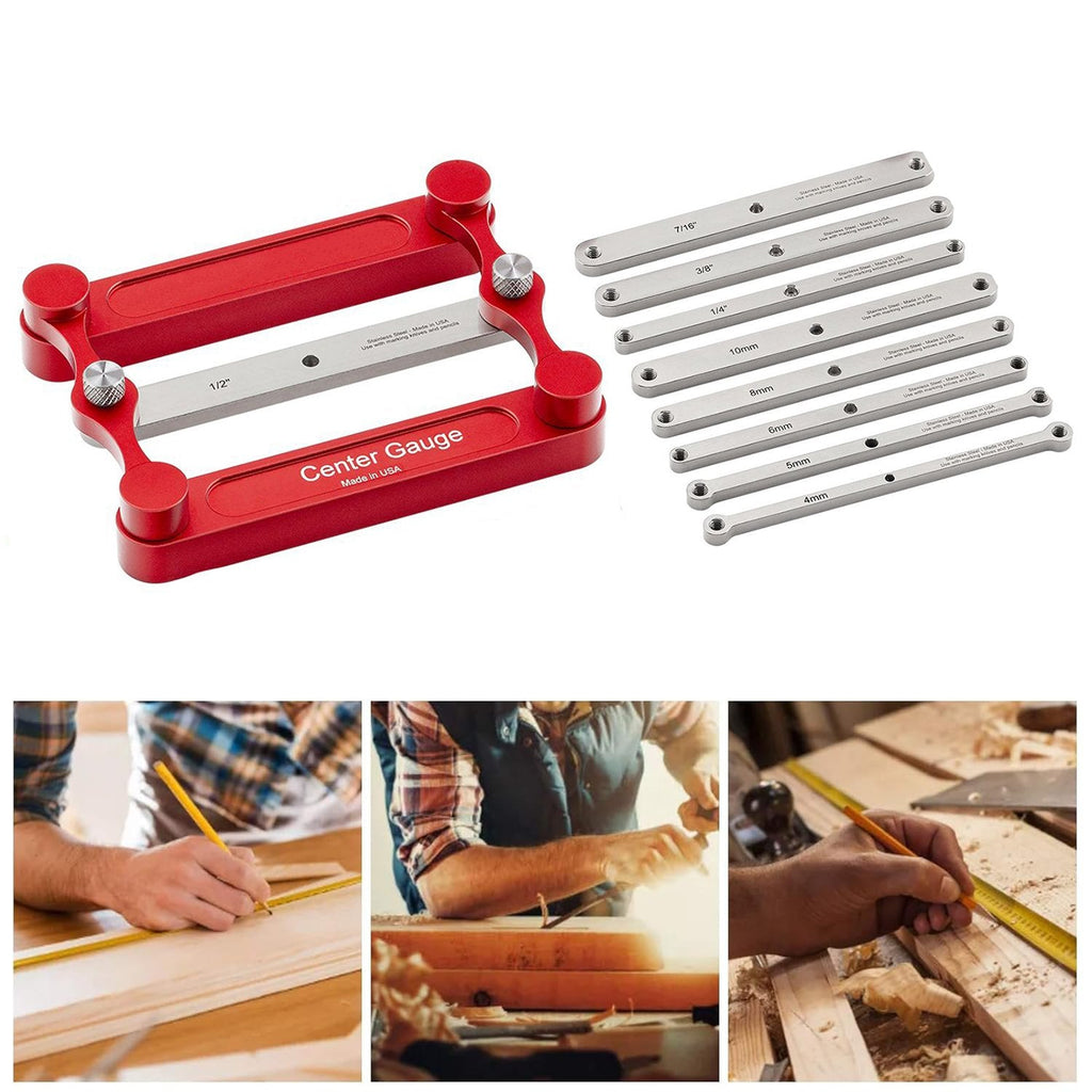 Center marking gauge set with interchangeable measuring bars for woodworking layout and hole positioning