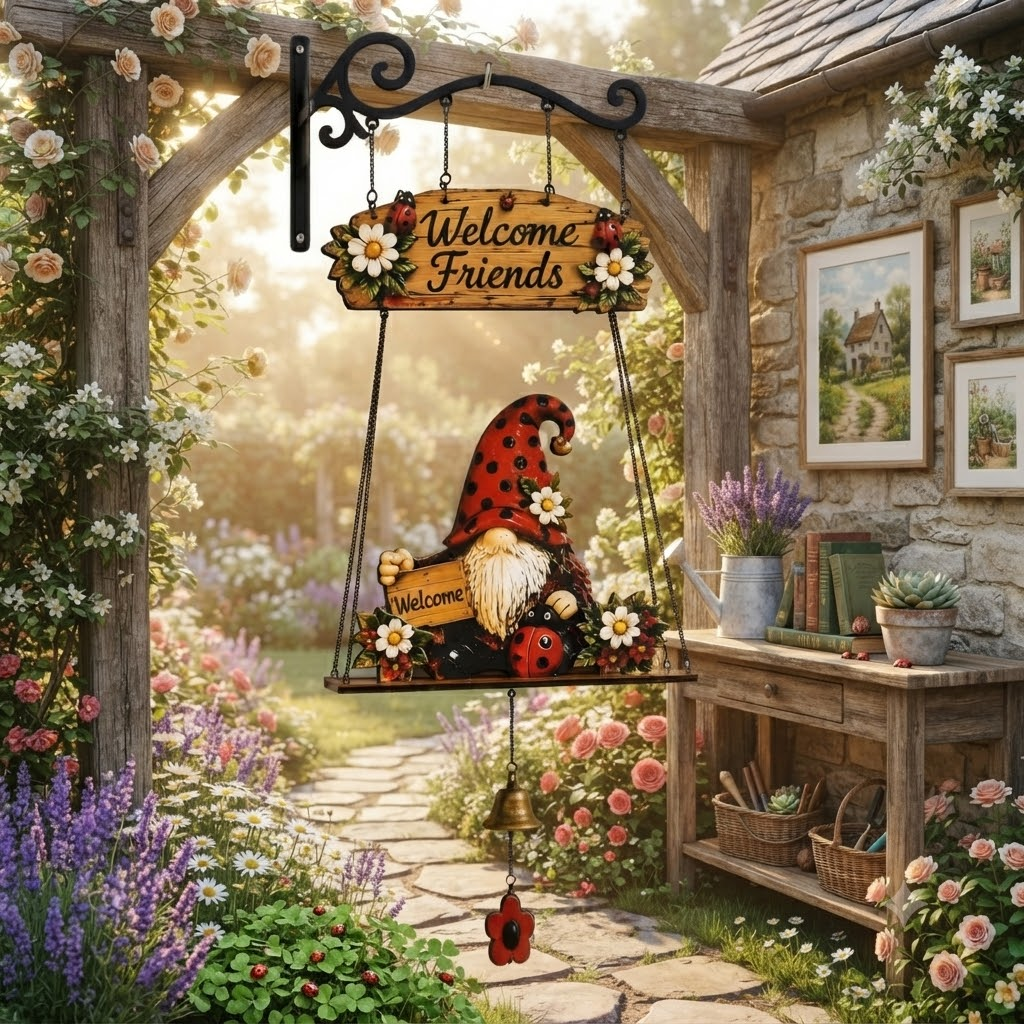 Farmhouse Hanging Welcome Sign with Gnome Decor for Front Door