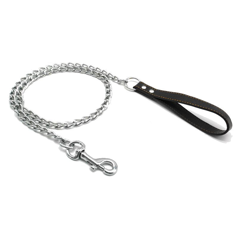 Metal chain dog leash with a padded black hand loop