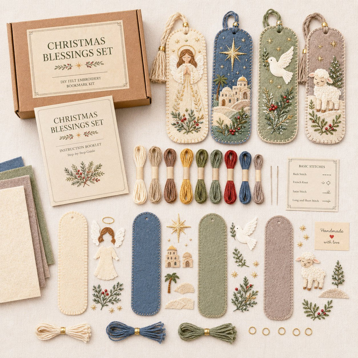 Christmas blessings kit contents with patterns felt thread and charms