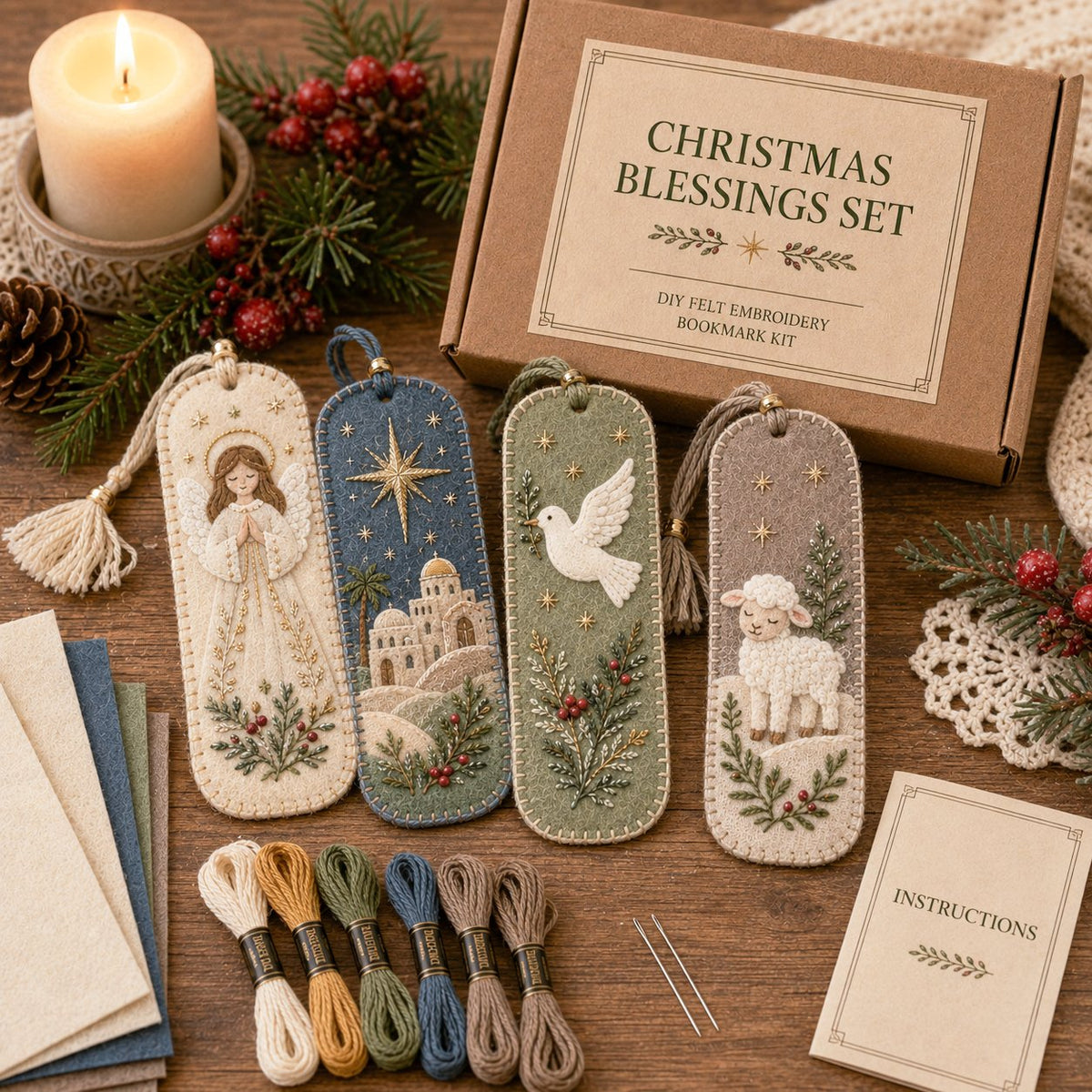 Christmas blessings bookmarks with thread packaging and candle