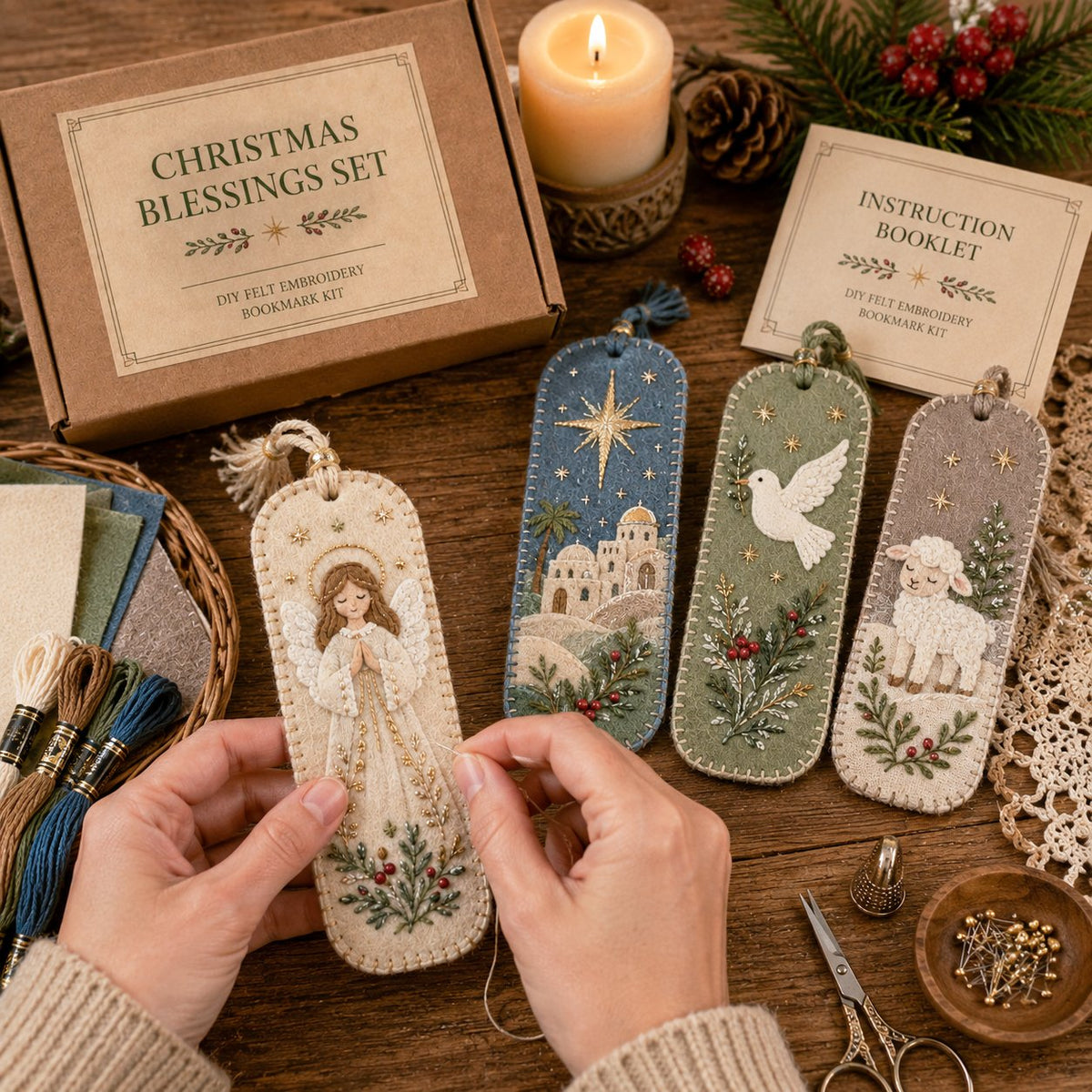 Hands stitching an angel bookmark from the blessings set