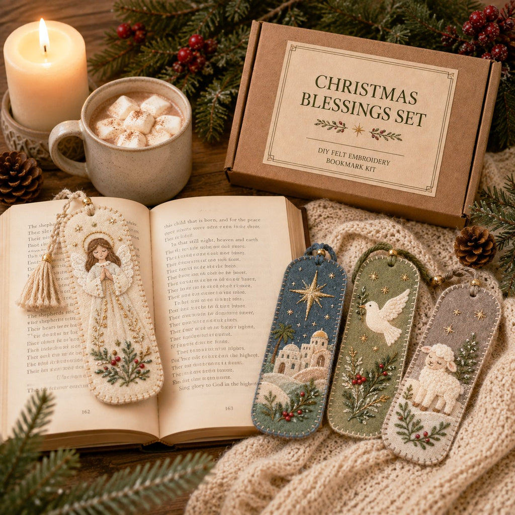 Faith-inspired felt bookmarks displayed across an open book