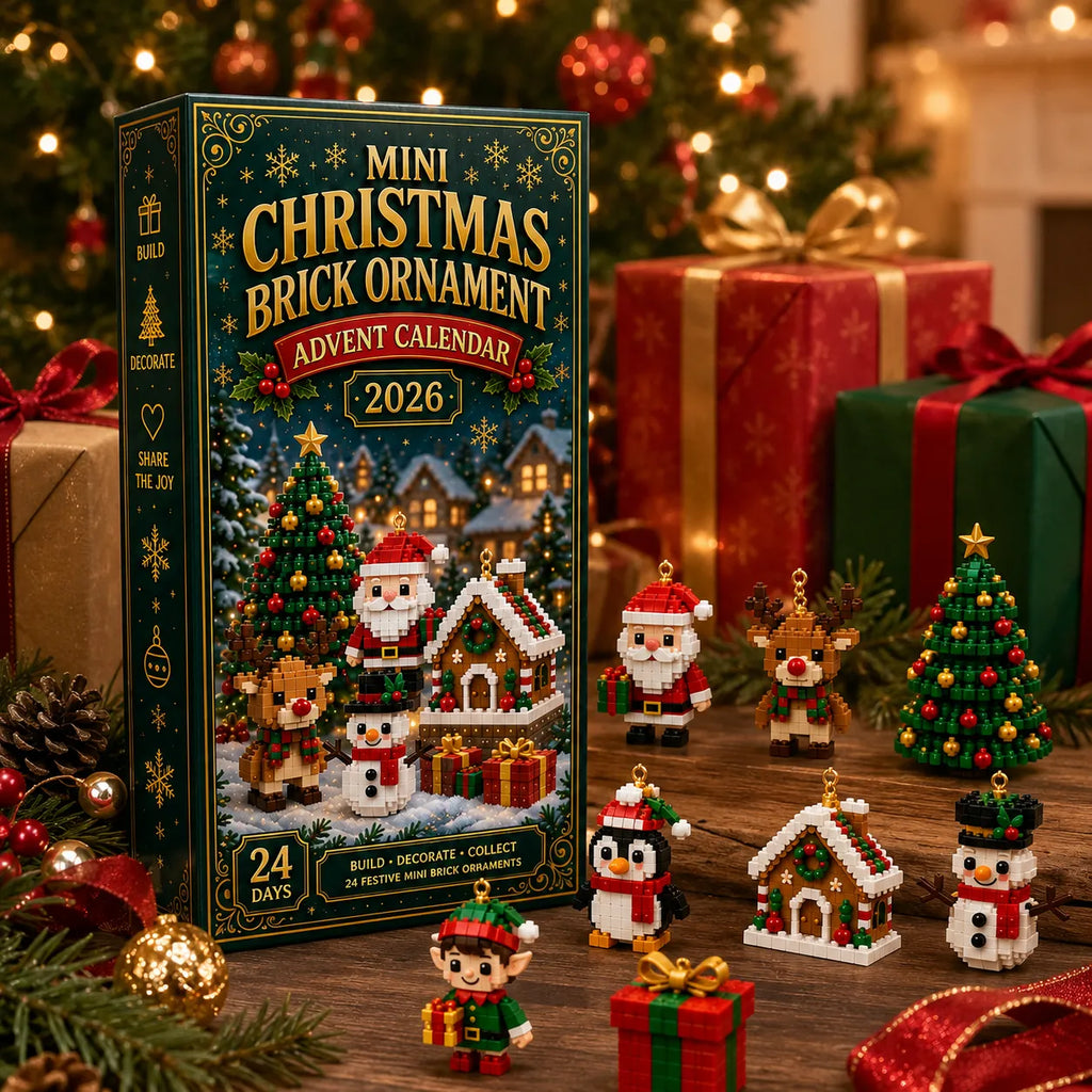 Christmas brick ornament calendar displayed among wrapped gifts