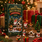 Christmas brick ornament calendar displayed among wrapped gifts