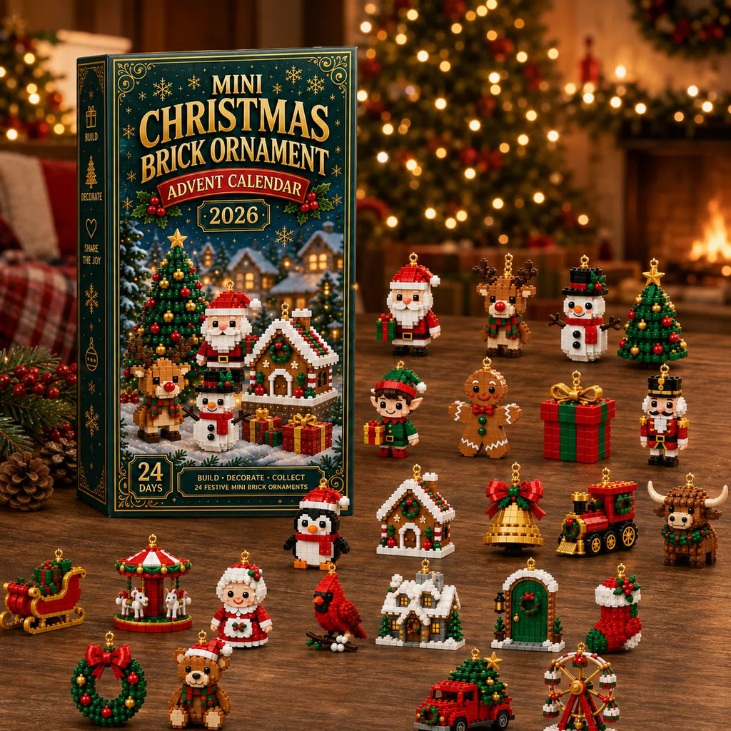Advent calendar box surrounded by finished mini brick ornaments