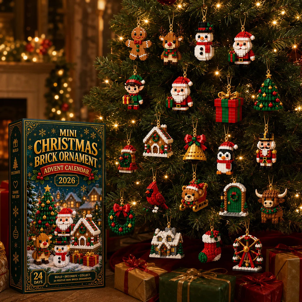 Mini brick ornaments hanging on a Christmas tree beside the calendar box