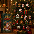 Mini brick ornaments hanging on a Christmas tree beside the calendar box