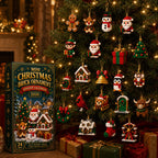 Mini brick ornaments hanging on a Christmas tree beside the calendar box