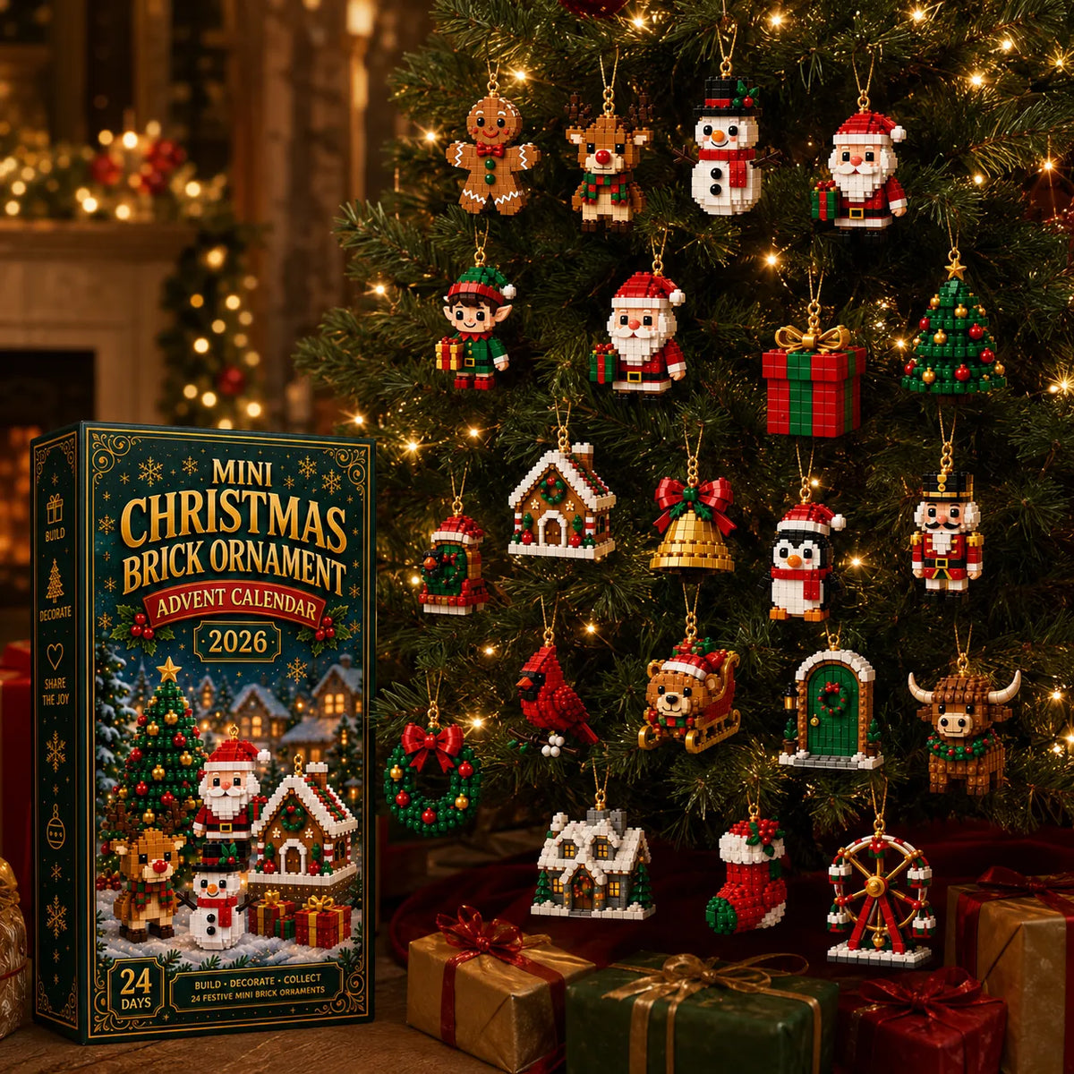 Mini brick ornaments hanging on a Christmas tree beside the calendar box