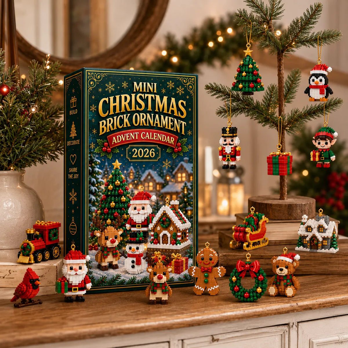 Mini brick ornaments arranged on a festive mantel