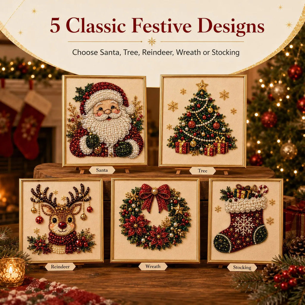 Five framed Christmas pearl art designs featuring Santa, tree, reindeer, wreath and stocking