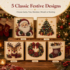 Five framed Christmas pearl art designs featuring Santa, tree, reindeer, wreath and stocking