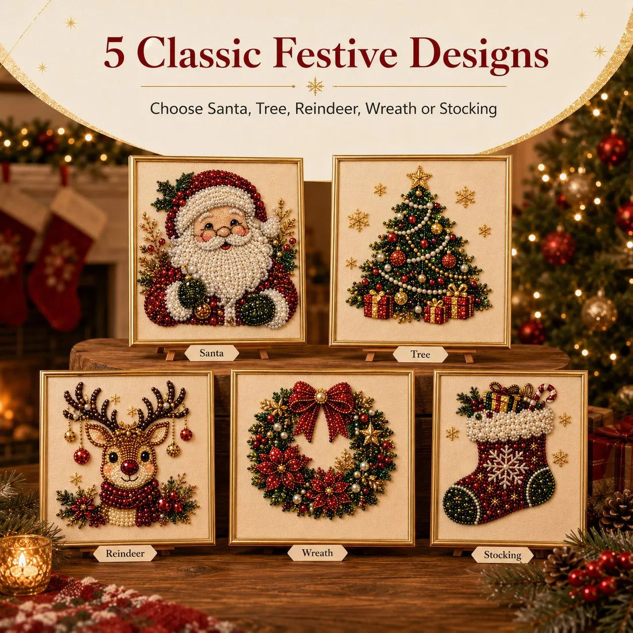 Five framed Christmas pearl art designs featuring Santa, tree, reindeer, wreath and stocking