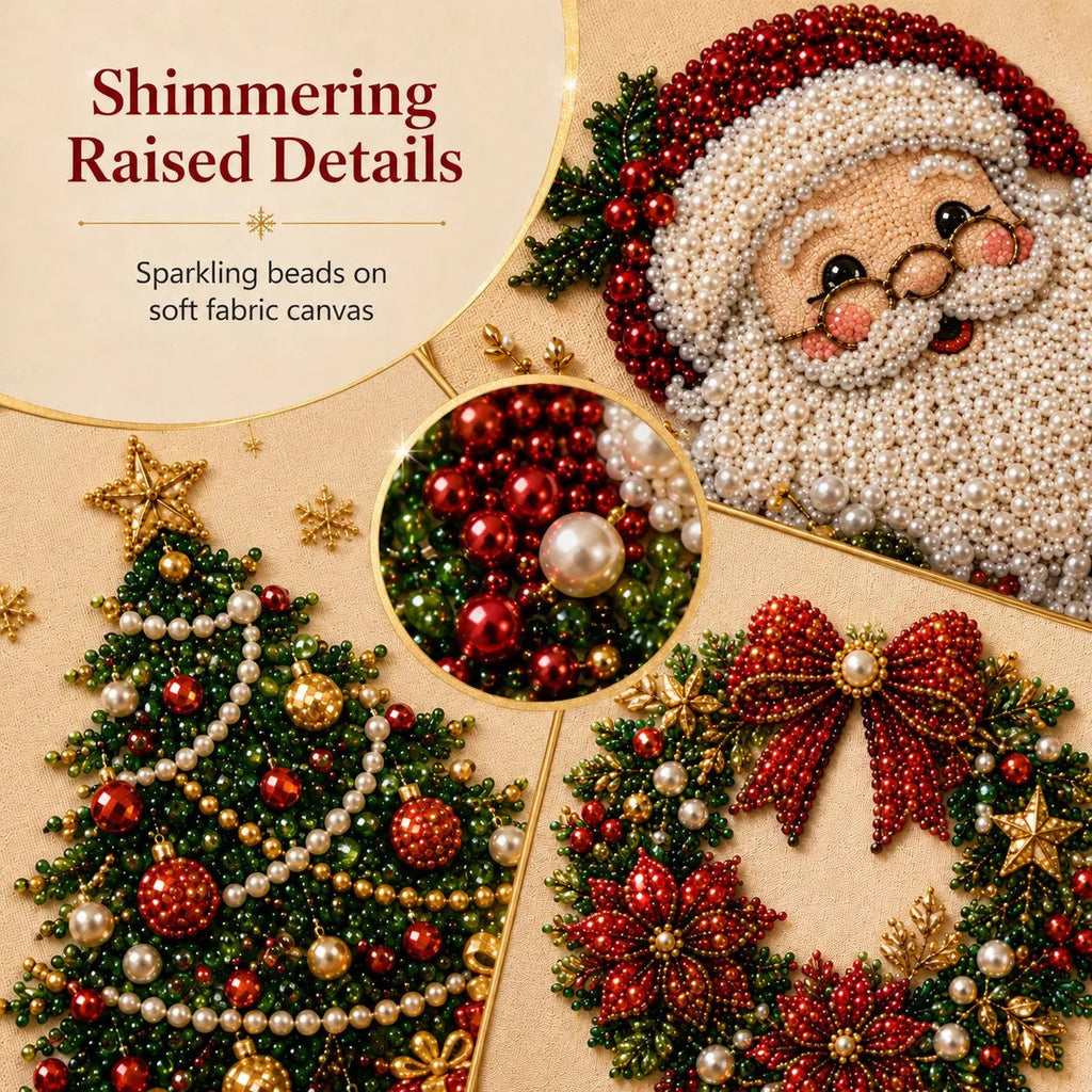 Close-up of raised 3D pearl beads on Christmas pearl art featuring Santa, tree and wreath designs