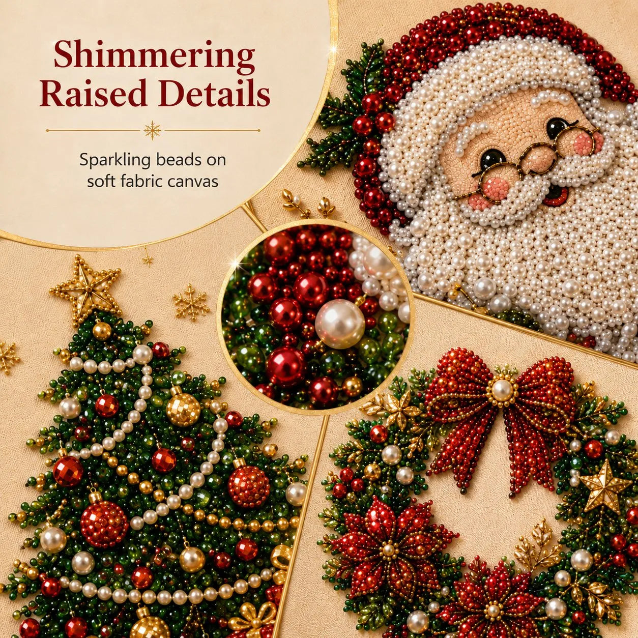 Close-up of raised 3D pearl beads on Christmas pearl art featuring Santa, tree and wreath designs