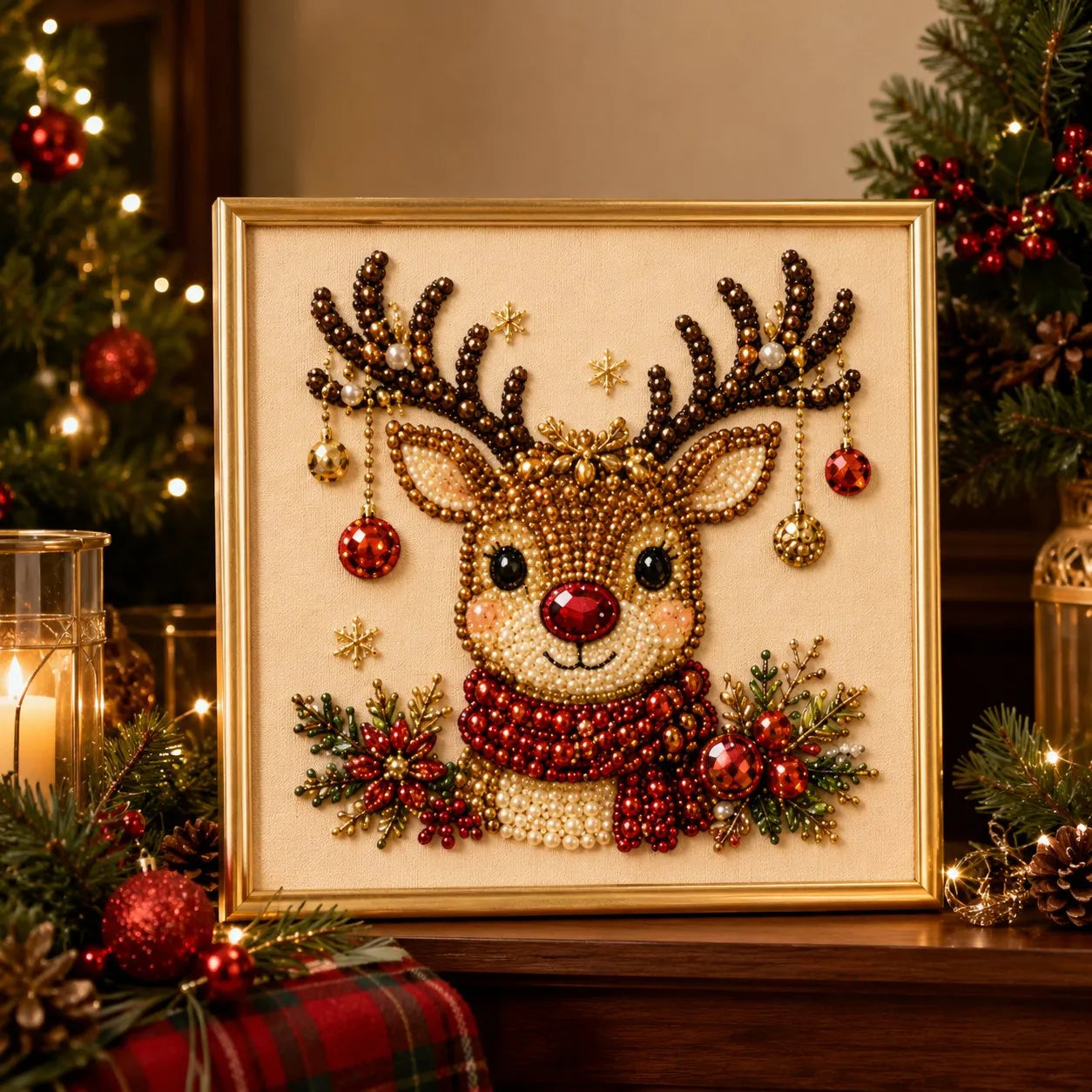 Framed Christmas reindeer pearl art with 3D beads for holiday home decor