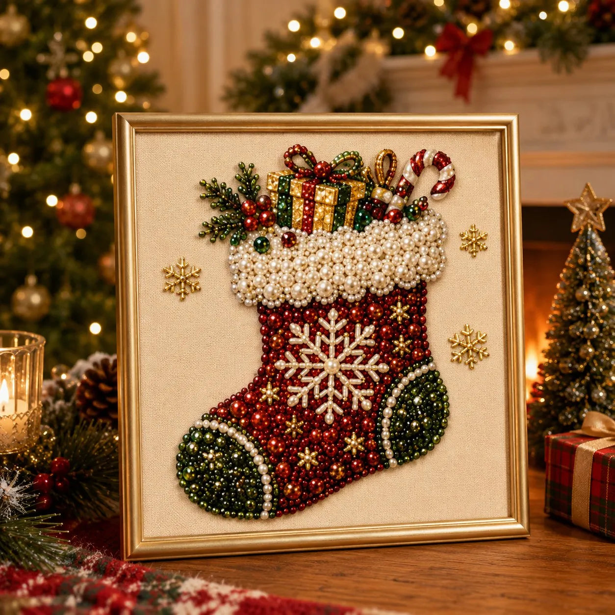 Framed Christmas stocking pearl art with 3D beads for festive holiday home decor