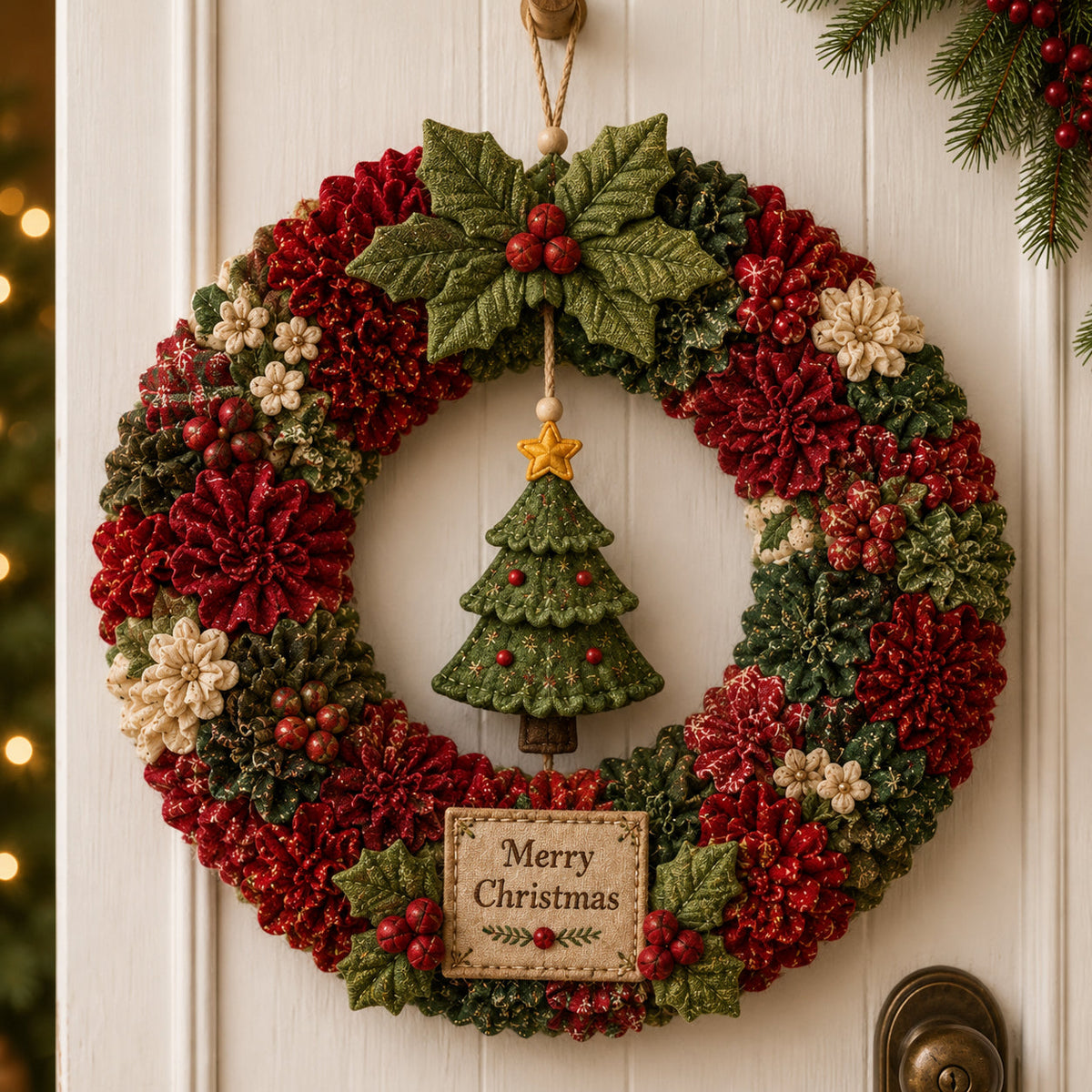 Red and green fabric wreath with a Christmas tree centerpiece