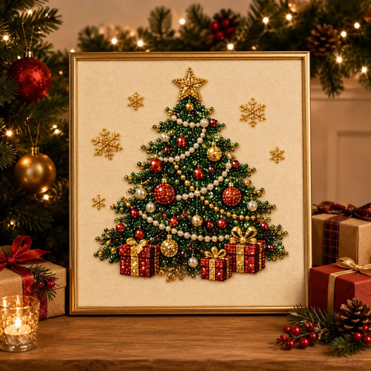 Framed Christmas tree pearl art with 3D beads for festive holiday home decor