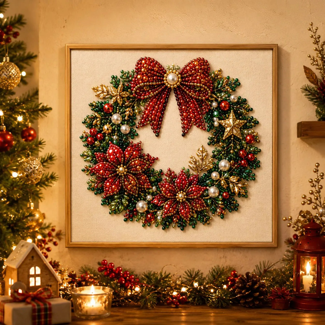 Framed Christmas wreath pearl art with 3D beads for festive holiday home decor