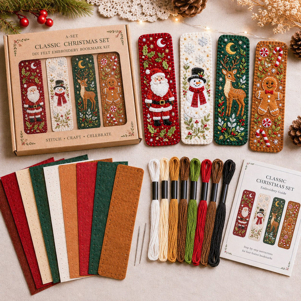 Classic Christmas bookmark kit contents arranged for crafting