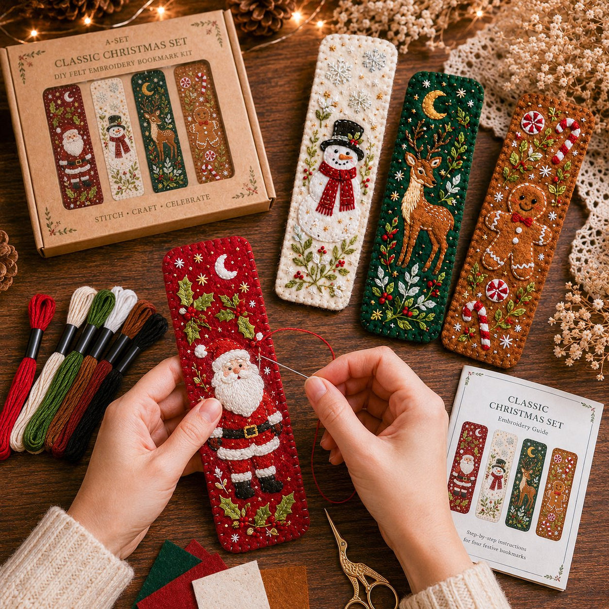 Hands stitching a Santa felt bookmark at a holiday craft table