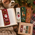 Classic Christmas felt bookmarks beside an open book and cocoa