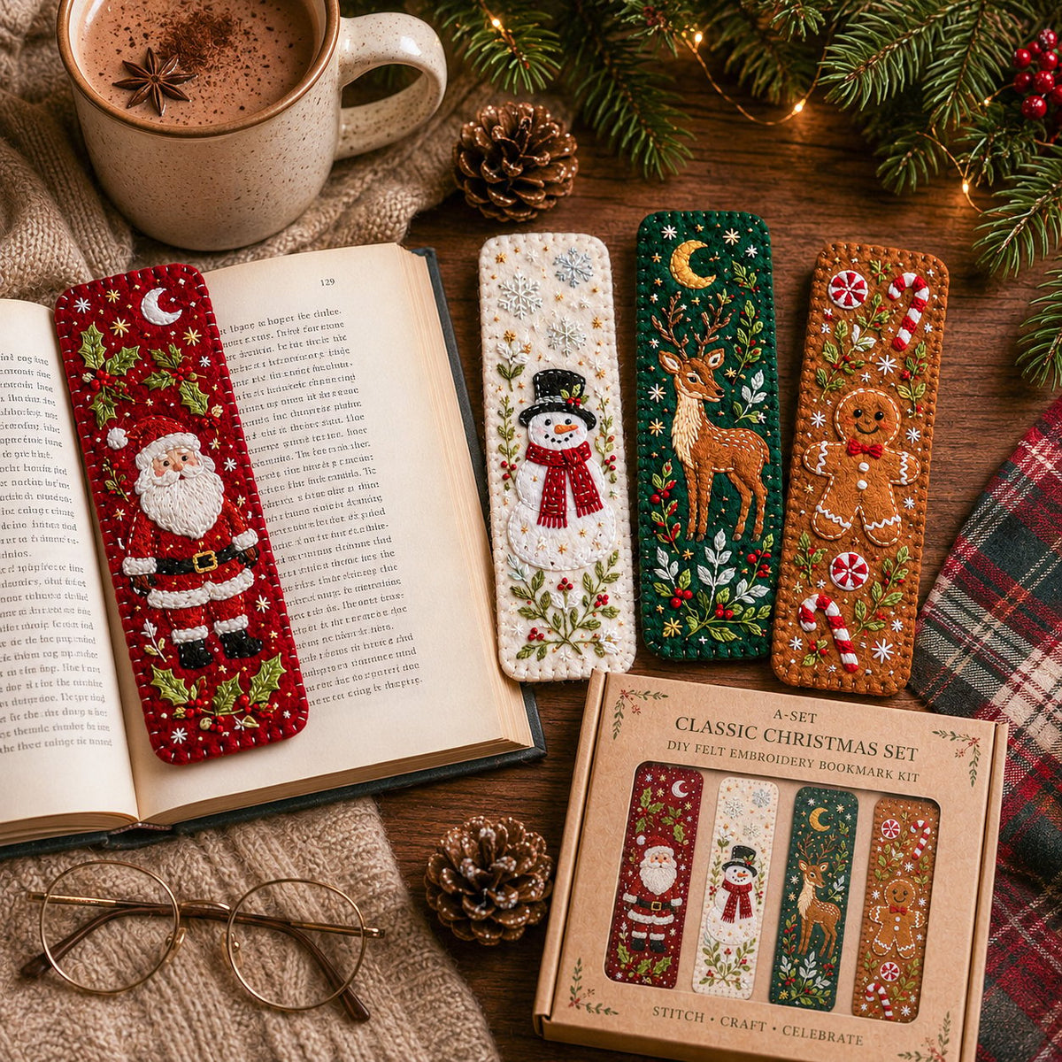 Classic Christmas felt bookmarks beside an open book and cocoa