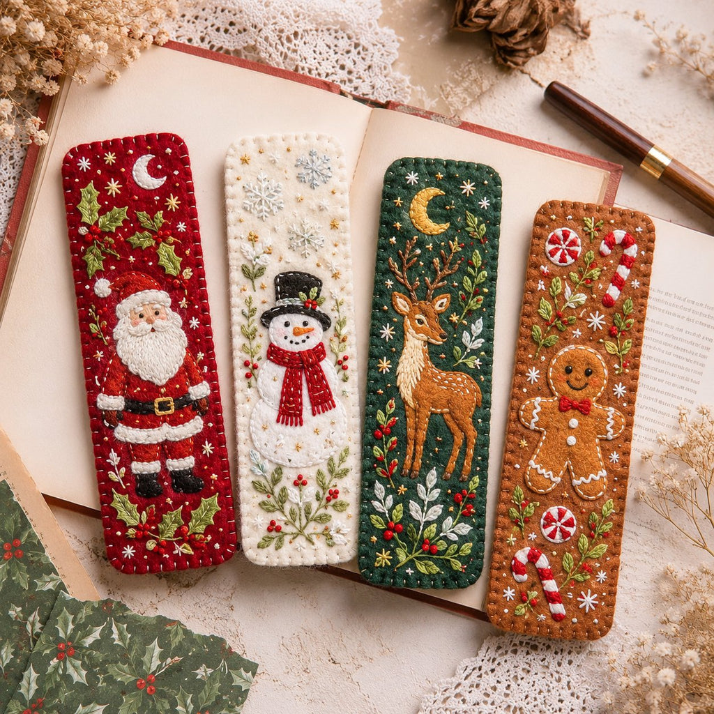 Four classic Christmas felt bookmarks resting on an open book