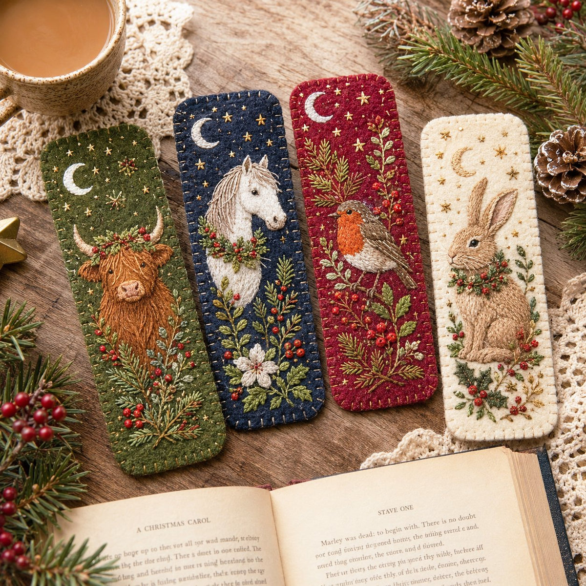 Four embroidered country animal bookmarks in warm holiday colors
