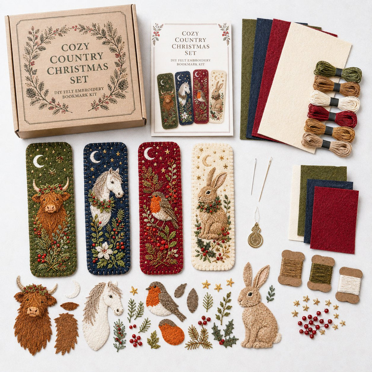 Country animal bookmark pieces thread and templates arranged flat