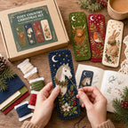 Hands stitching a horse bookmark from the cozy country set