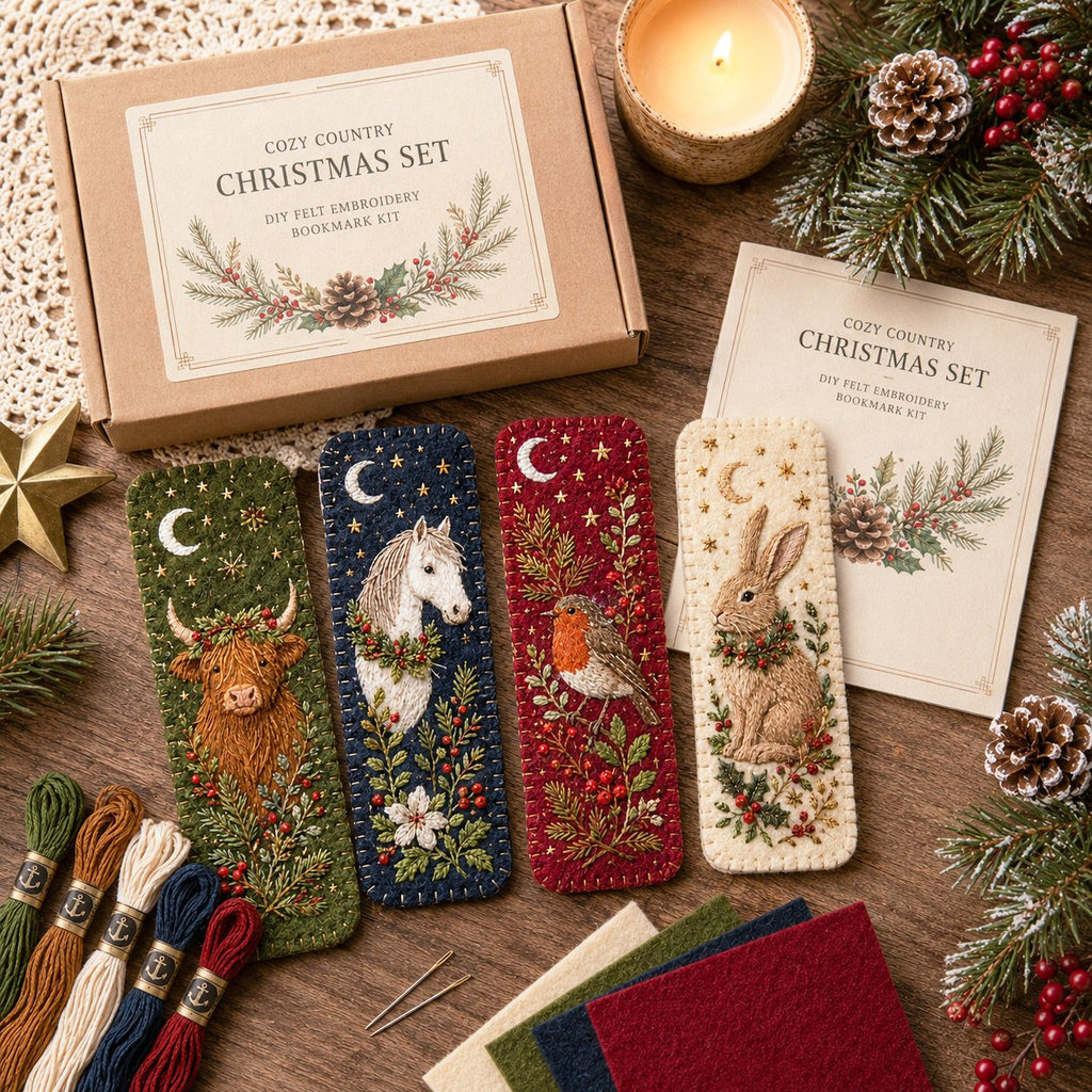 Cozy country bookmark kit with finished animal designs and thread