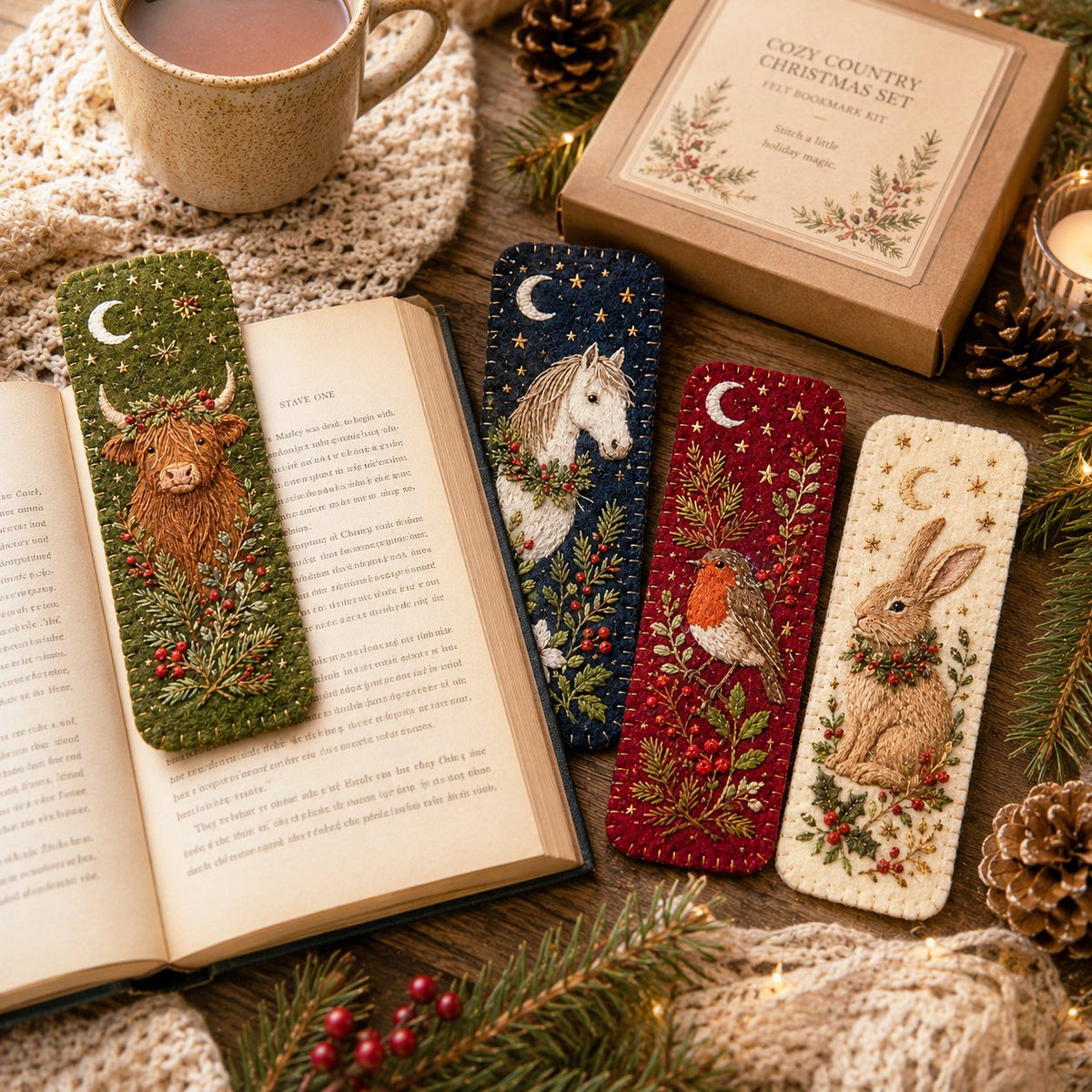 Country animal felt bookmarks displayed with an open book