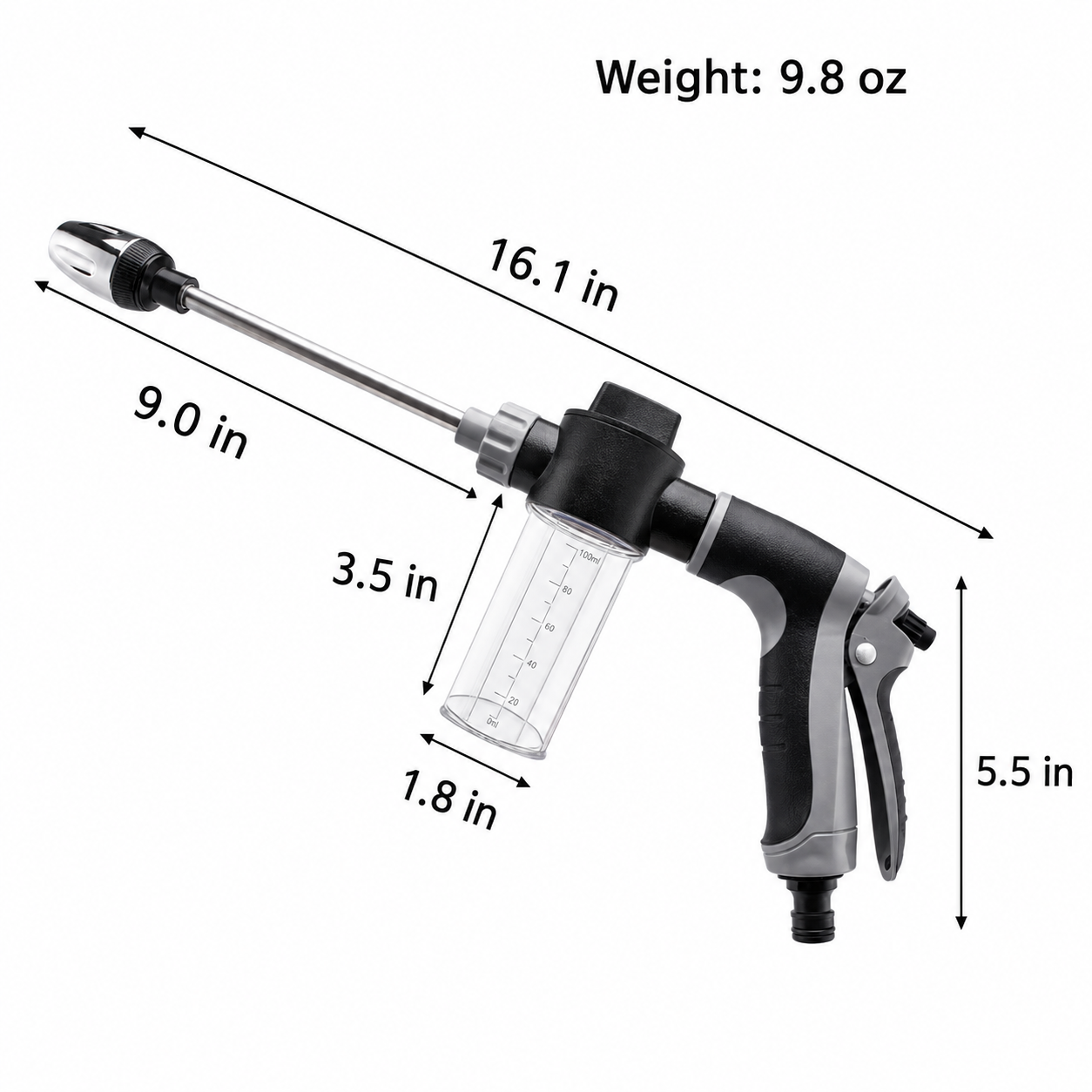 Adjustable Garden Hose Nozzle with Long Wand and Foam Bottle