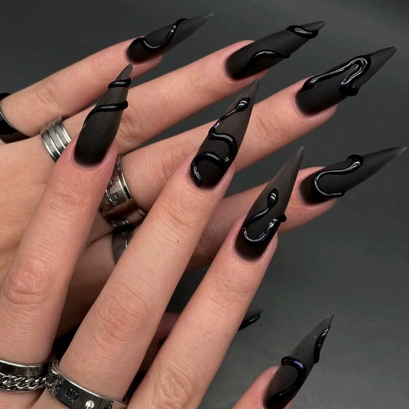 Black Stiletto Press On Nails – Matte 3D Snake Design