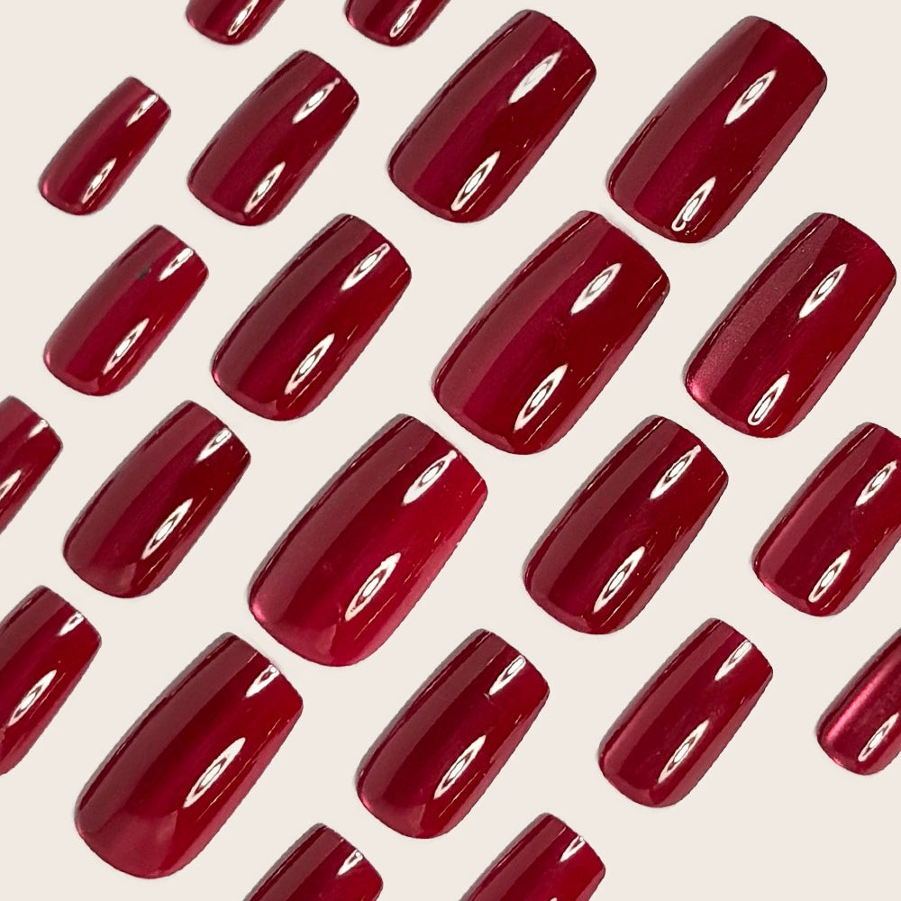 Glossy Wine Red Cat Eye Medium-Short Square Press-On Nails, 24-Pc Kit