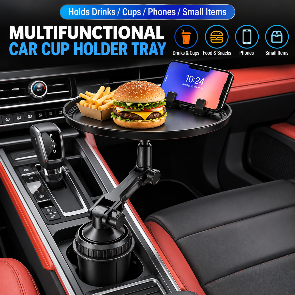 Car Cup Holder Tray with Phone Holder – Adjustable Food Tray
