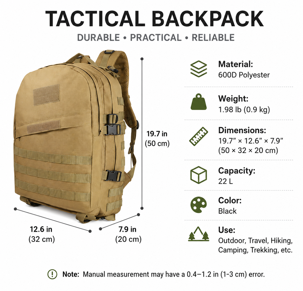 22L Tactical Backpack for Hiking Camping Travel Outdoor