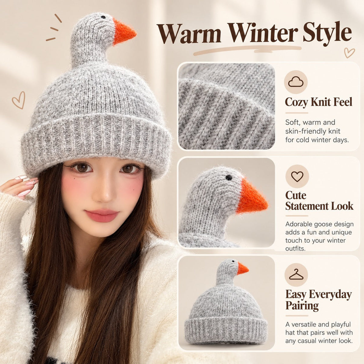 Funny Goose Head Knitted Beanie Hat for Fall and Winter