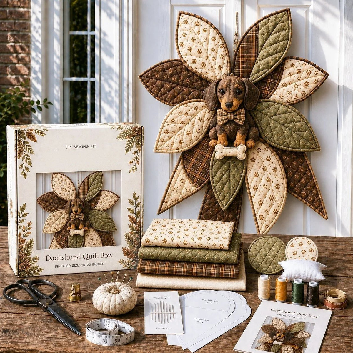 Dachshund quilted door bow displayed with coordinated sewing materials