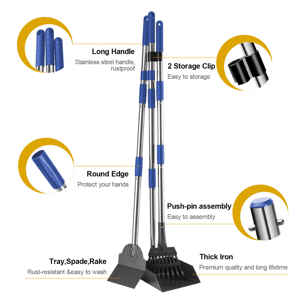 Long Handle Pet Waste Scooper Set with Rake, Spade & Tray