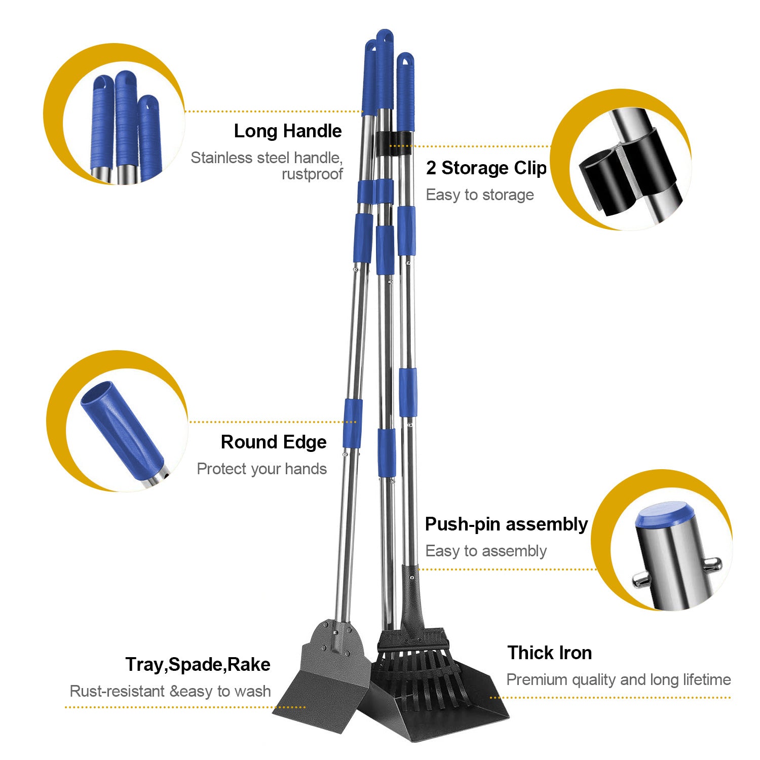 Long Handle Pet Waste Scooper Set with Rake, Spade & Tray