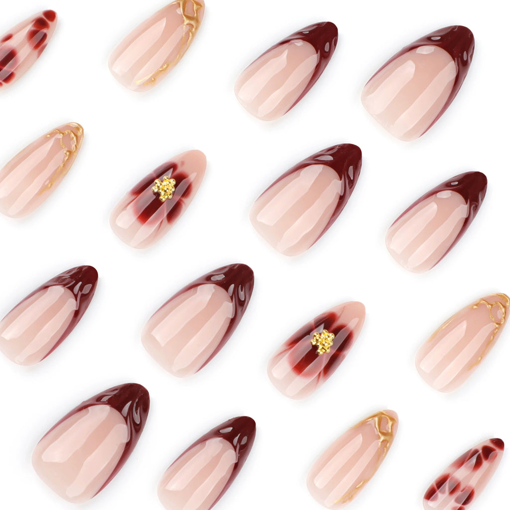 Burgundy 3D Flower Medium-Long Almond Press-On Nails, 24 Pcs + Glue